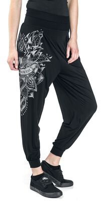 Sport and Yoga - Relaxed Black Fabric Trousers with Detailed Print