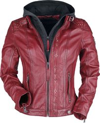 Red Leather Jacket with Grey Hood and Studs, Rock Rebel by EMP, Lederen jas