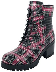 Black Lace-Up Boots with Checked Pattern