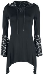 Gothicana X Anne Stokes - Black Long-Sleeve Top with Lacing, Print and Large Hood, Gothicana by EMP, Shirt met lange mouwen