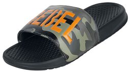 Black Slip-Ons with Camouflage Pattern and Bright Lettering