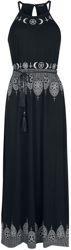 Black Maxi Dress with Prints and Narrow Tie-Belt