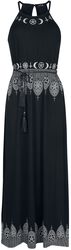 Black Maxi Dress with Prints and Narrow Tie-Belt, Gothicana by EMP, Lange jurk