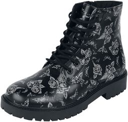 Black lace-up boots with rose and moth print