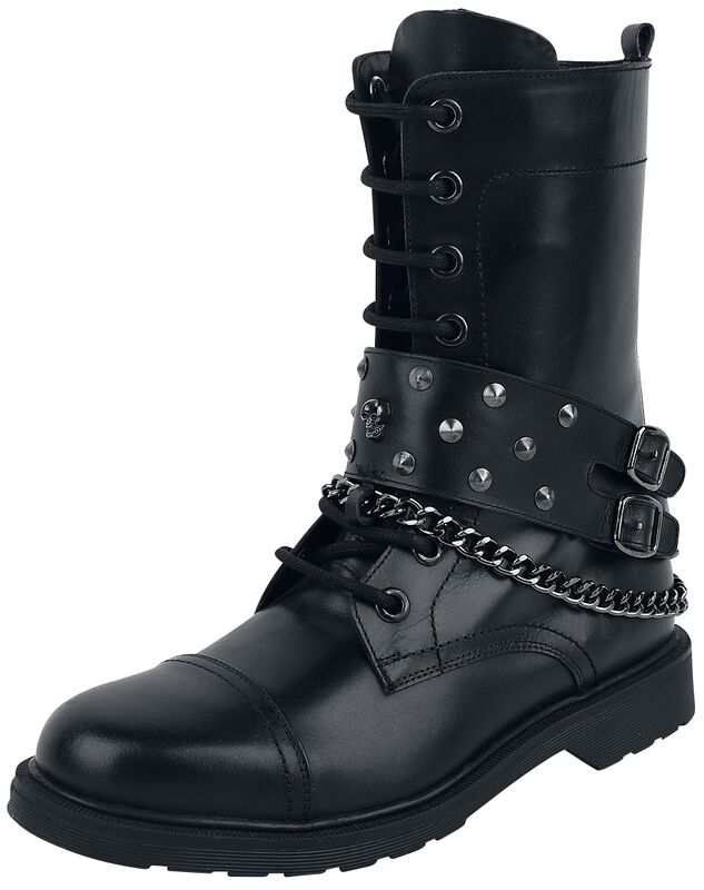 Black Lace-Up Boots with Decorative Buckles, Chain and Studs