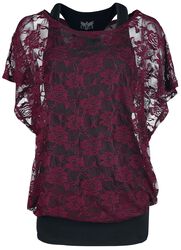 Bordeaux red lace shirt with black top, Black Premium by EMP, T-shirt