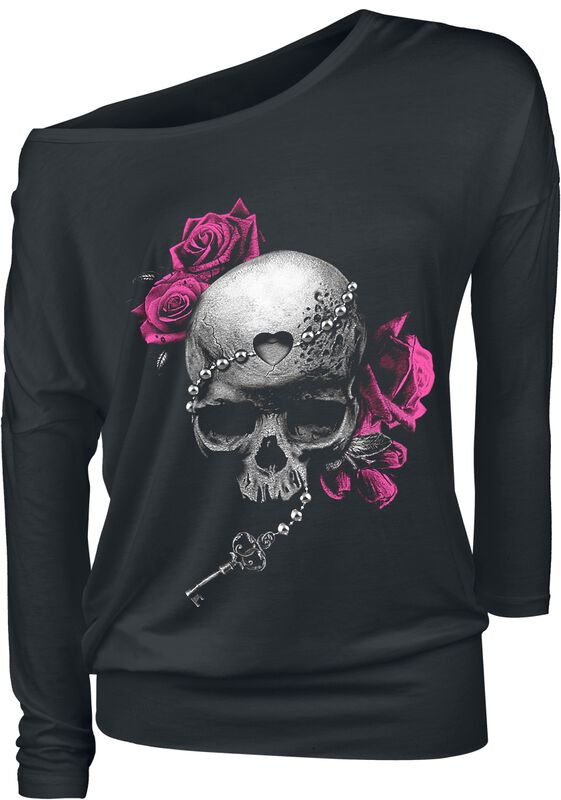 Black Long-Sleeve Top with Crew Neckline and Print