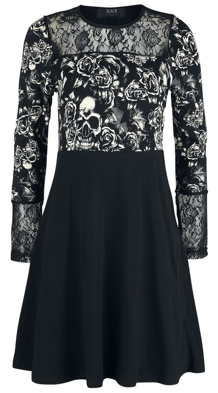 Black Long-Sleeve Dress with Lace and Print